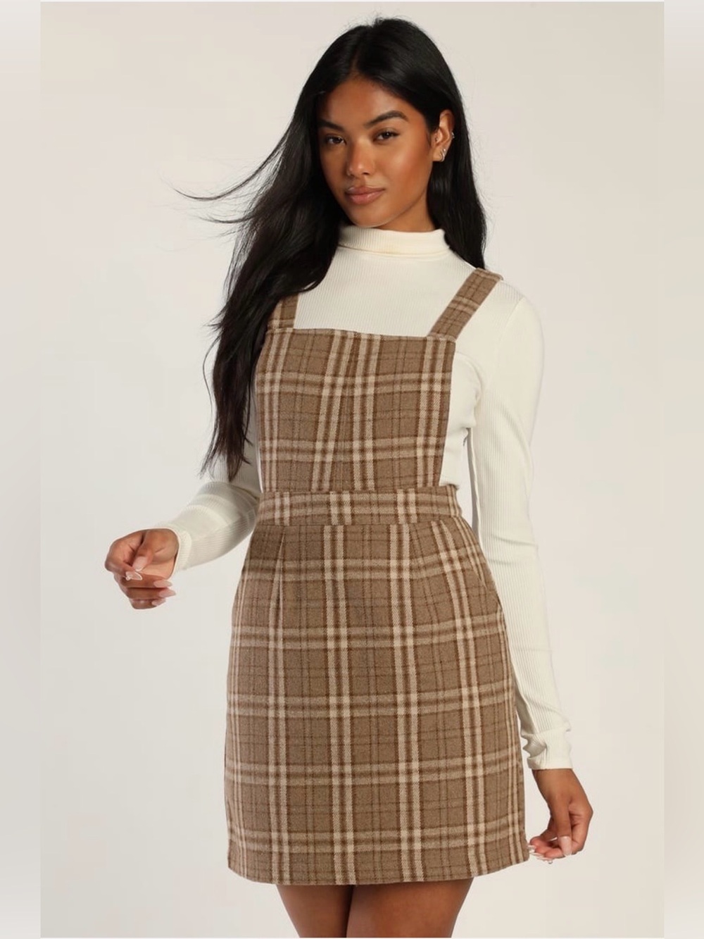 Lulus Plaid to Be Yours Beige and Brown Plaid Pinafore Mini Dress